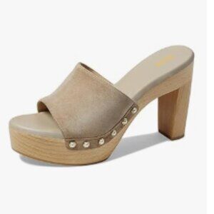 miss left Light Coffee Platform Chunky High Heel Mules Open Toe Studded Sandal